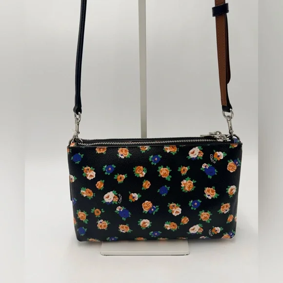 Coach F57628 Floral Double Zip Crossbody Bag Black Multicolor Floral - Picture 3 of 9